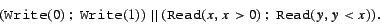 \begin{displaymath}({\tt Write}(0) ~;~{\tt Write}(1)) ~\vert\vert~({\tt Read}(x, x>0) ~;~{\tt Read}(y, y<x)).\end{displaymath}